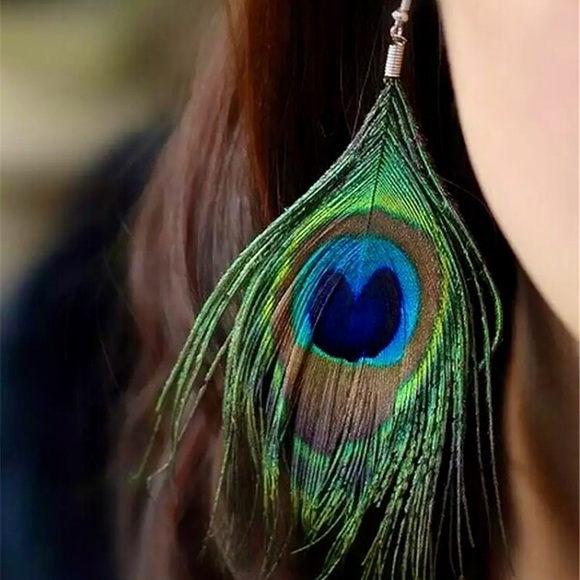 “Showtime” Peacock Bird Feather Statement Earrings - Picture 12 of 12